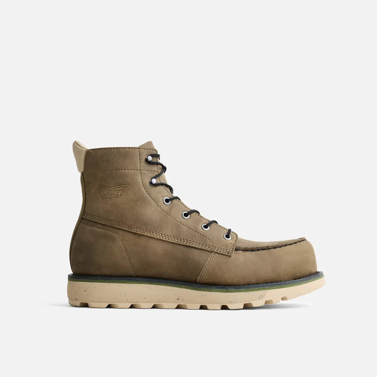 Red Wing 2476 Traction Tred Lite 6-Inch Safety Boot - lateral side view, tan nubuck oiled leather upper with LiteTred outsole