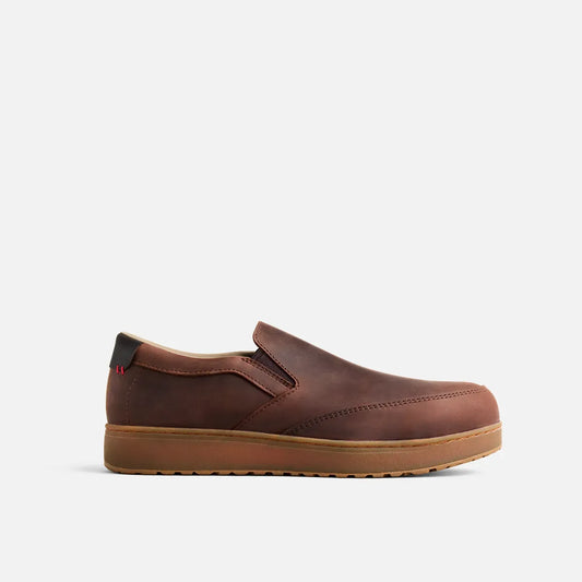 Red Wing 3538 Draftsmith Slip-On Safety Shoe - lateral side view, brown nubuck leather upper with TredLucent outsole
